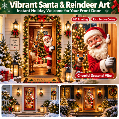 🎄 Limited-Time Sale | Christmas Stretch Door Cover – Santa & Reindeer Décor, 4-Side Elastic Fit, Installs in Seconds 🎅