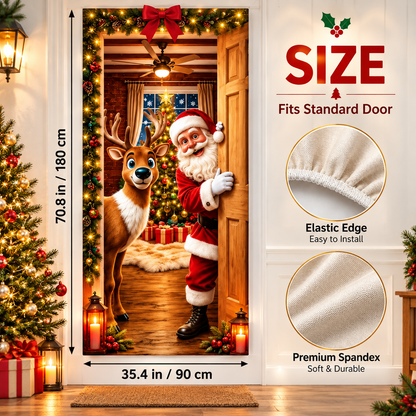 🎄 Limited-Time Sale | Christmas Stretch Door Cover – Santa & Reindeer Décor, 4-Side Elastic Fit, Installs in Seconds 🎅