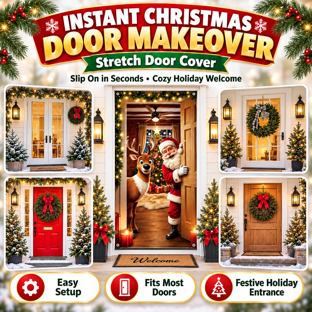 🎄 Limited-Time Sale | Christmas Stretch Door Cover – Santa & Reindeer Décor, 4-Side Elastic Fit, Installs in Seconds 🎅
