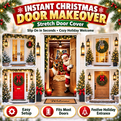 🎄 Limited-Time Sale | Christmas Stretch Door Cover – Santa & Reindeer Décor, 4-Side Elastic Fit, Installs in Seconds 🎅