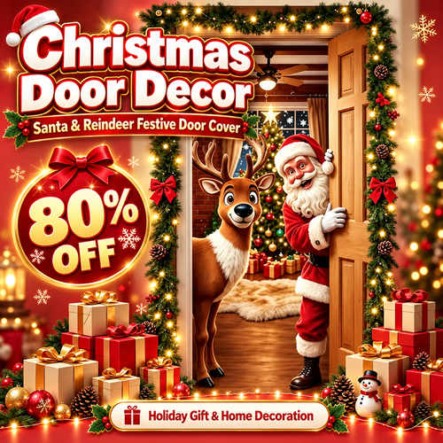 🎄 Limited-Time Sale | Christmas Stretch Door Cover – Santa & Reindeer Décor, 4-Side Elastic Fit, Installs in Seconds 🎅