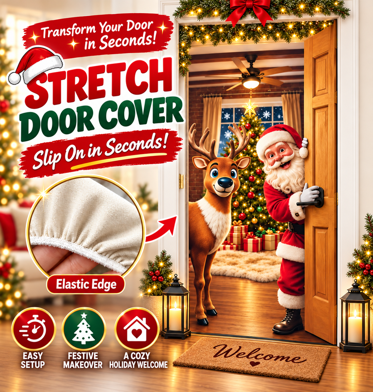 🎄 Limited-Time Sale | Christmas Stretch Door Cover – Santa & Reindeer Décor, 4-Side Elastic Fit, Installs in Seconds 🎅
