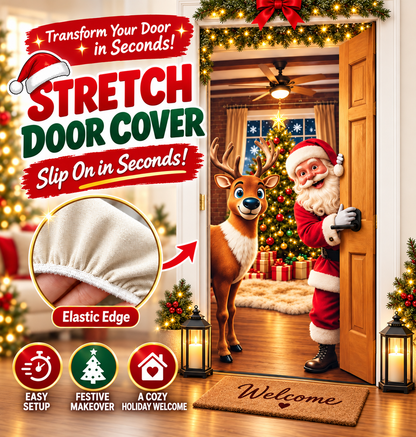 🎄 Limited-Time Sale | Christmas Stretch Door Cover – Santa & Reindeer Décor, 4-Side Elastic Fit, Installs in Seconds 🎅