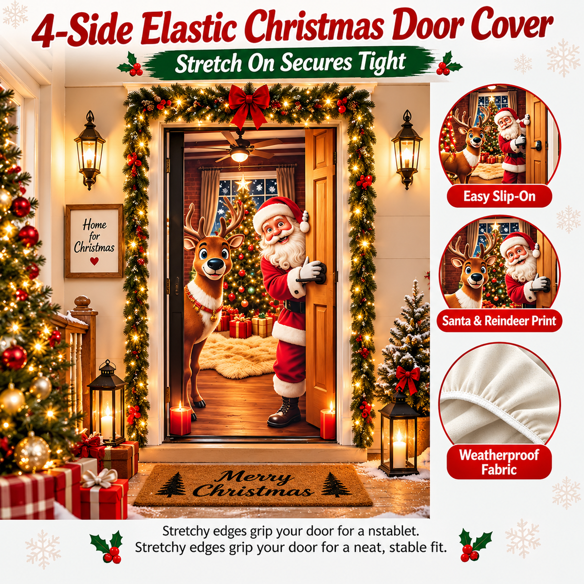 🎄 Limited-Time Sale | Christmas Stretch Door Cover – Santa & Reindeer Décor, 4-Side Elastic Fit, Installs in Seconds 🎅