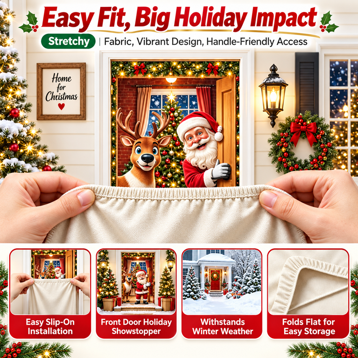 🎄 Limited-Time Sale | Christmas Stretch Door Cover – Santa & Reindeer Décor, 4-Side Elastic Fit, Installs in Seconds 🎅