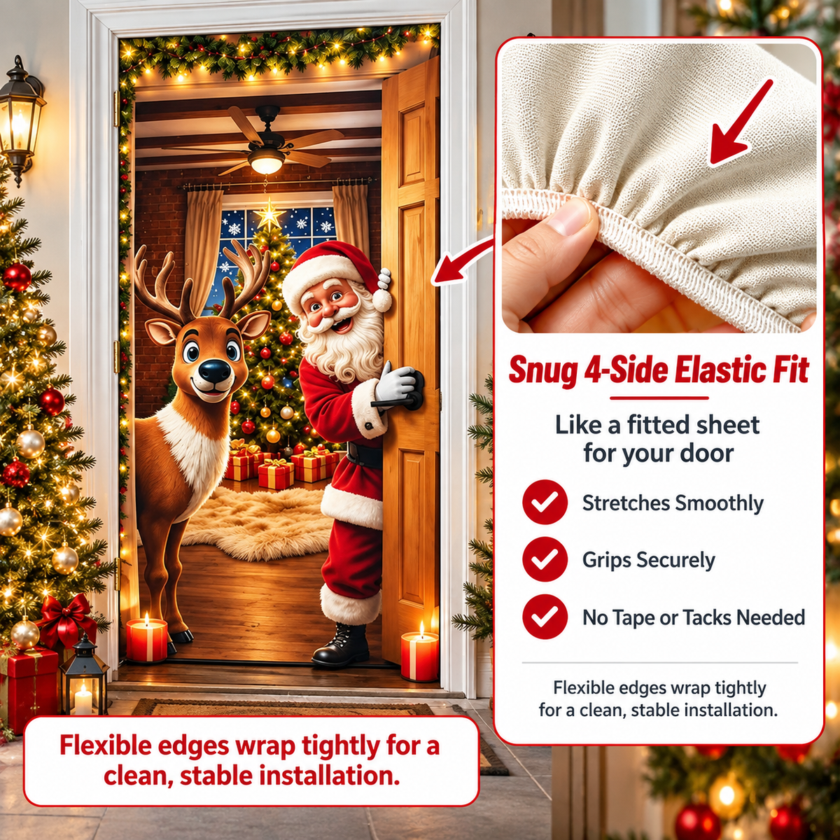🎄 Limited-Time Sale | Christmas Stretch Door Cover – Santa & Reindeer Décor, 4-Side Elastic Fit, Installs in Seconds 🎅
