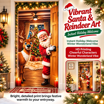 🎄 Limited-Time Sale | Christmas Stretch Door Cover – Santa & Reindeer Décor, 4-Side Elastic Fit, Installs in Seconds 🎅