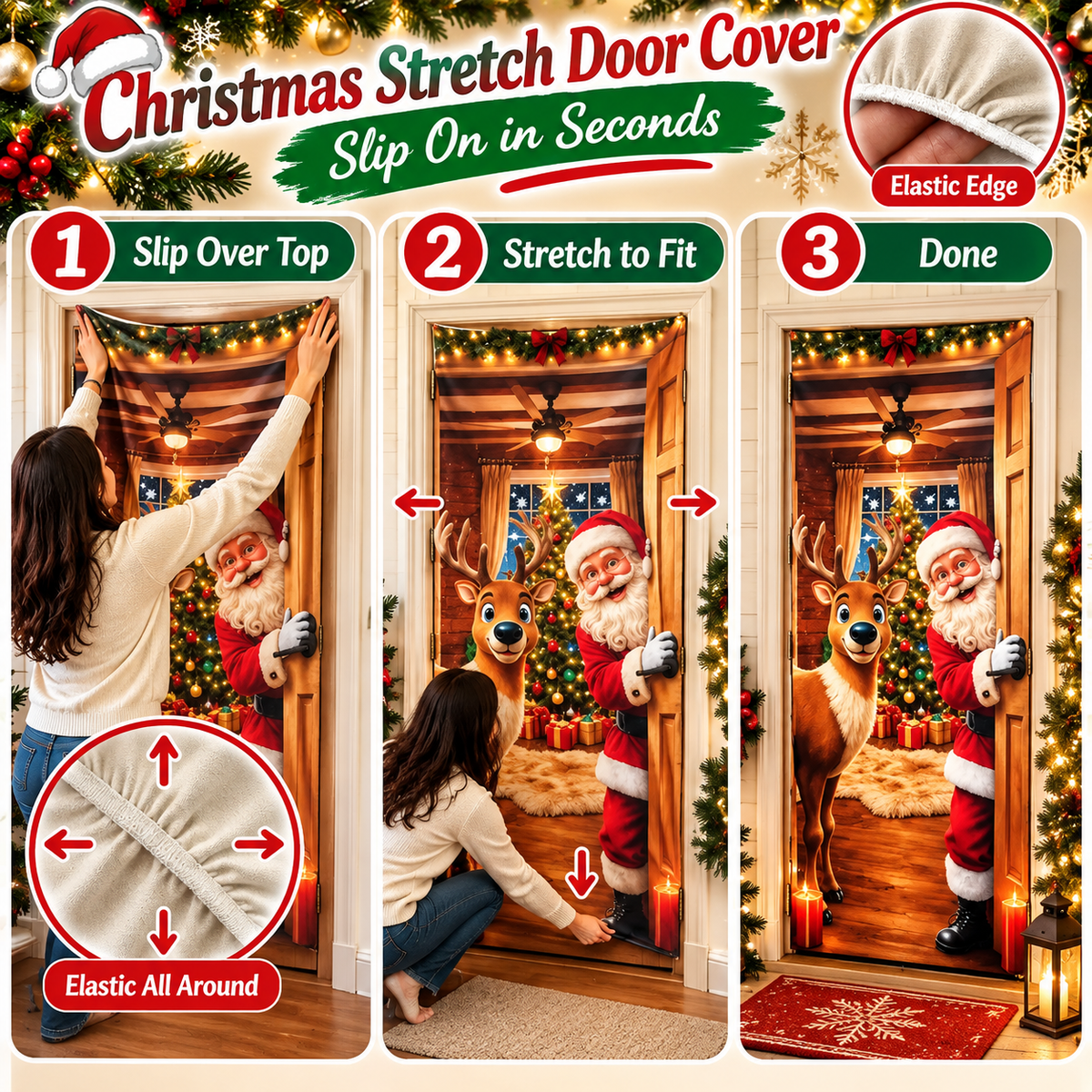 🎄 Limited-Time Sale | Christmas Stretch Door Cover – Santa & Reindeer Décor, 4-Side Elastic Fit, Installs in Seconds 🎅