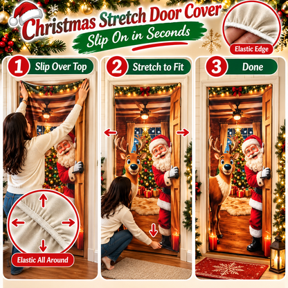 🎄 Limited-Time Sale | Christmas Stretch Door Cover – Santa & Reindeer Décor, 4-Side Elastic Fit, Installs in Seconds 🎅