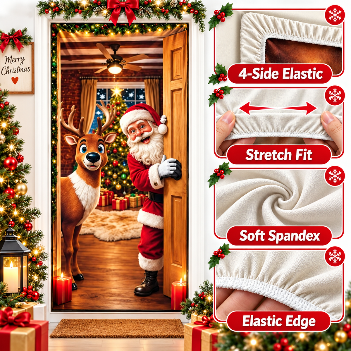 🎄 Limited-Time Sale | Christmas Stretch Door Cover – Santa & Reindeer Décor, 4-Side Elastic Fit, Installs in Seconds 🎅
