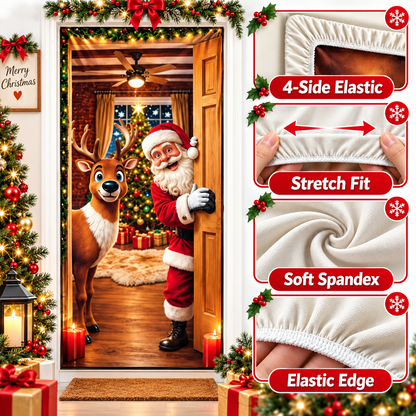 🎄 Limited-Time Sale | Christmas Stretch Door Cover – Santa & Reindeer Décor, 4-Side Elastic Fit, Installs in Seconds 🎅