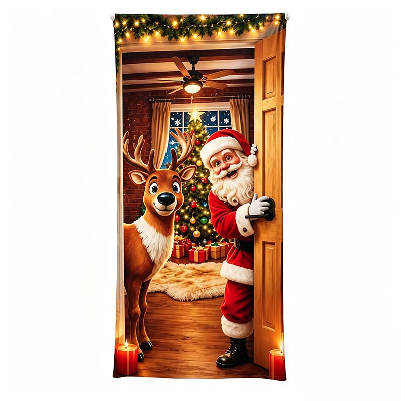 🎄 Limited-Time Sale | Christmas Stretch Door Cover – Santa & Reindeer Décor, 4-Side Elastic Fit, Installs in Seconds 🎅