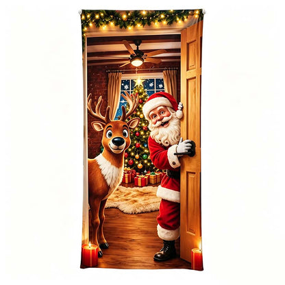 🎄 Limited-Time Sale | Christmas Stretch Door Cover – Santa & Reindeer Décor, 4-Side Elastic Fit, Installs in Seconds 🎅